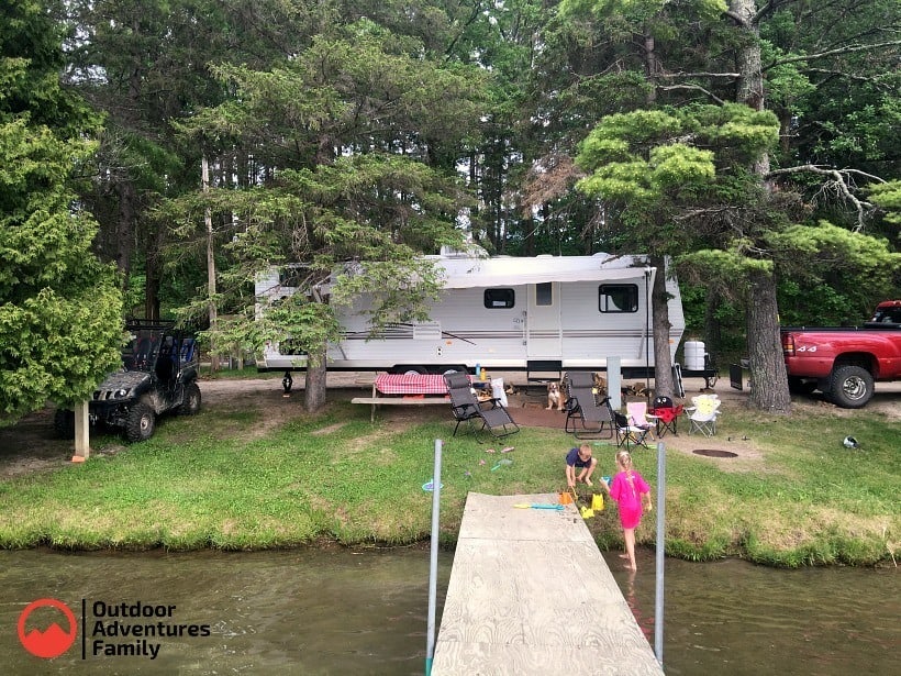 RV at Akeley mn campground on lake site with dock