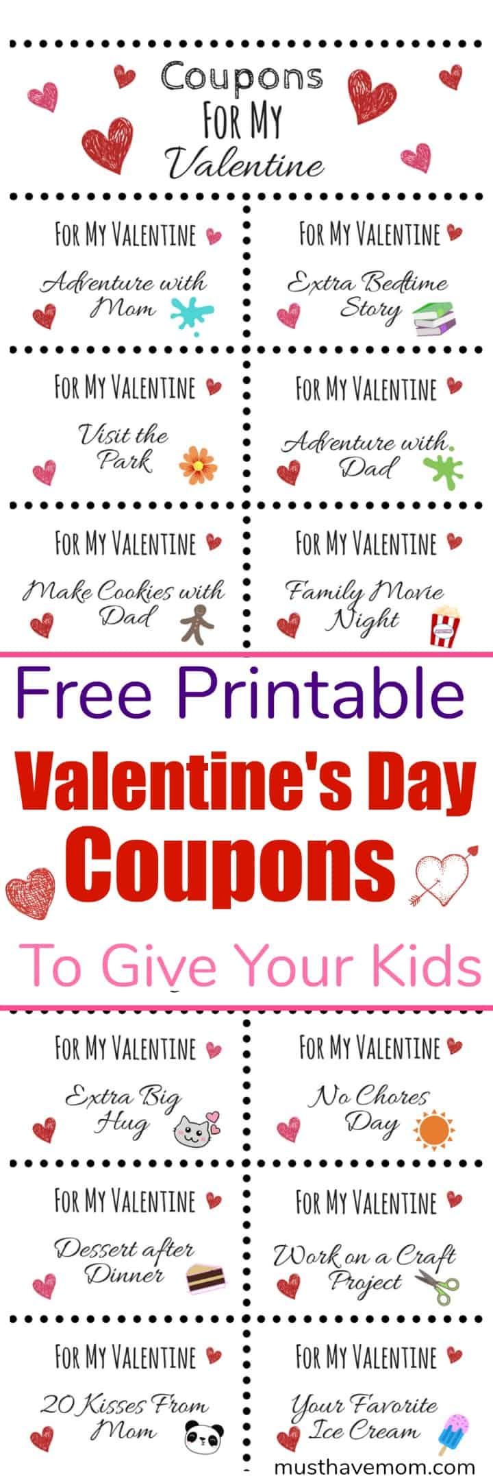 Free printable Valentine's Day coupons to give your kids! Show your love with these fun kids coupons!