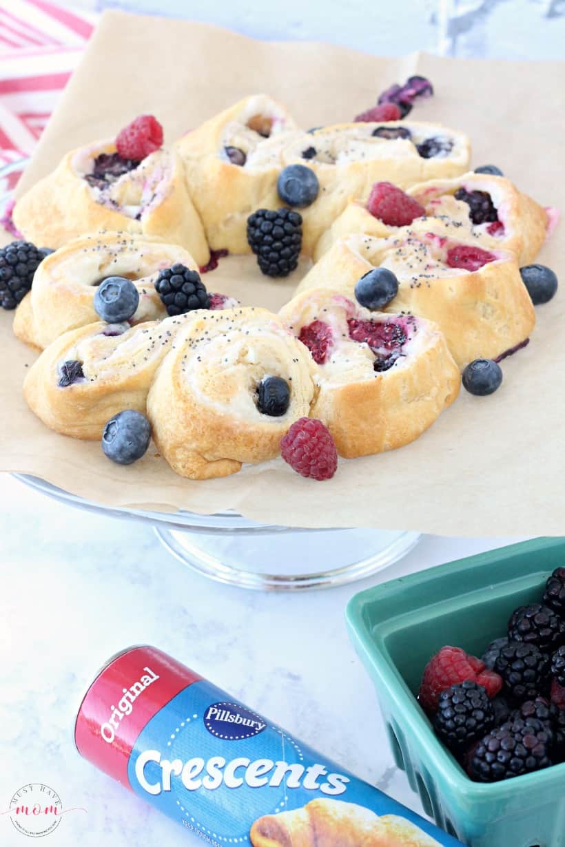 Triple berry cream cheese Pillsbury crescent roll breakfast recipe. Quick and easy breakfast idea perfect for entertaining!