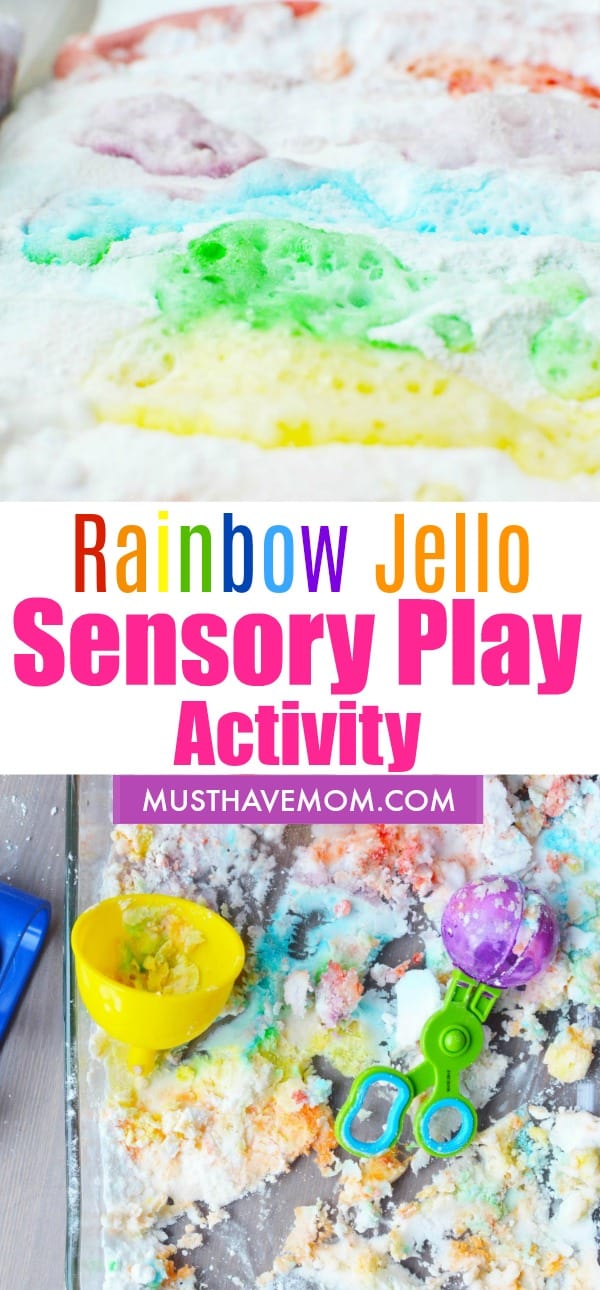 Fun rainbow jello sensory bin for sensory play! Fun kids activities idea.