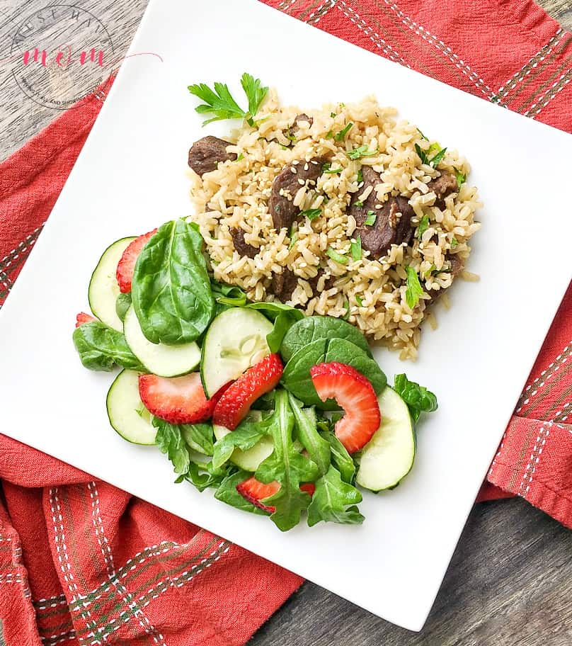 Instant Pot beef and rice served with salad