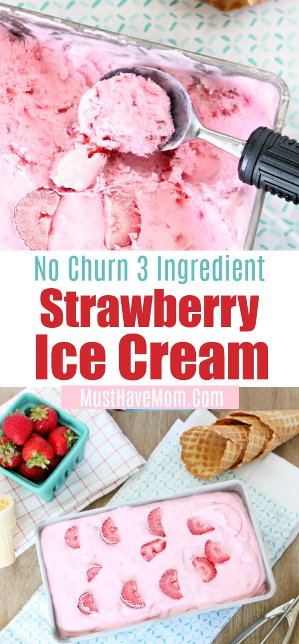 How to make homemade ice cream! No churn strawberry ice cream recipe with just 3 ingredients. #homemade #icecream #nochurn #strawberry #frozen #dessert #yum #kidscooking #cookingwithkids #3ingredients #treat