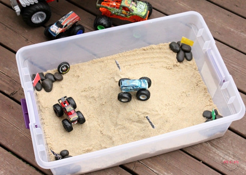 monster truck stadium sensory bin