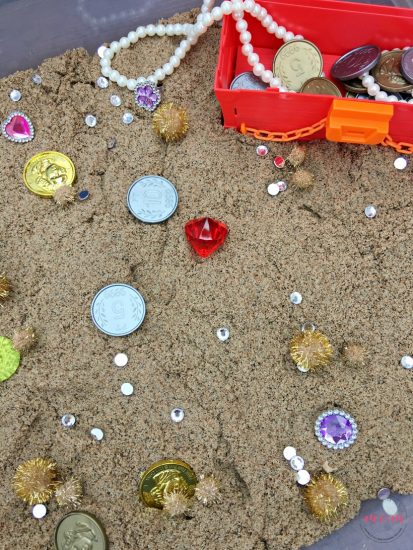 Pirate Treasure Hunt Sensory Bin with Kinetic Sand! - Must Have Mom