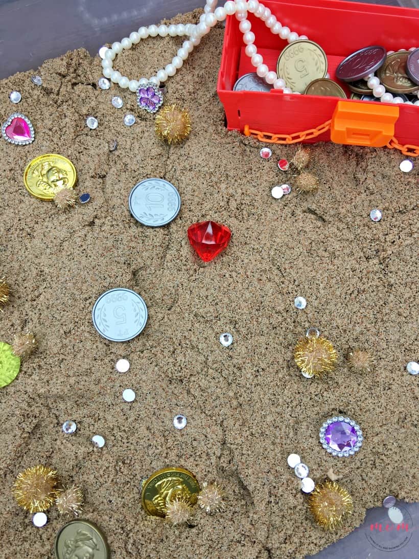 Pirate Treasure Hunt Sensory Bin with Kinetic Sand! - Must Have Mom