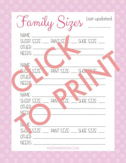 Free printable family sizes list