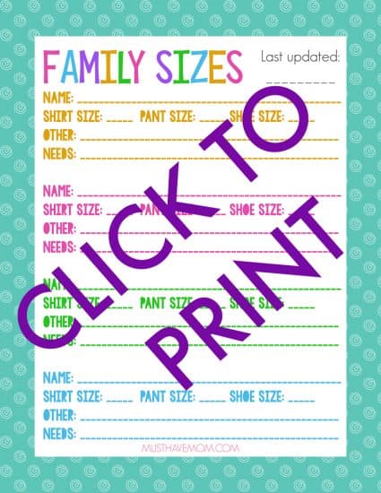 Free printable family clothing sizes list