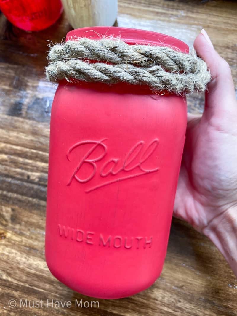 hot glue nautical rope on mason jar