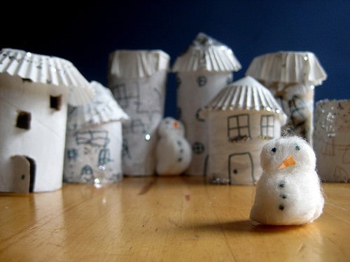 Mini Church in Winter with Fake Snow Using Toilet Paper Roll Tube