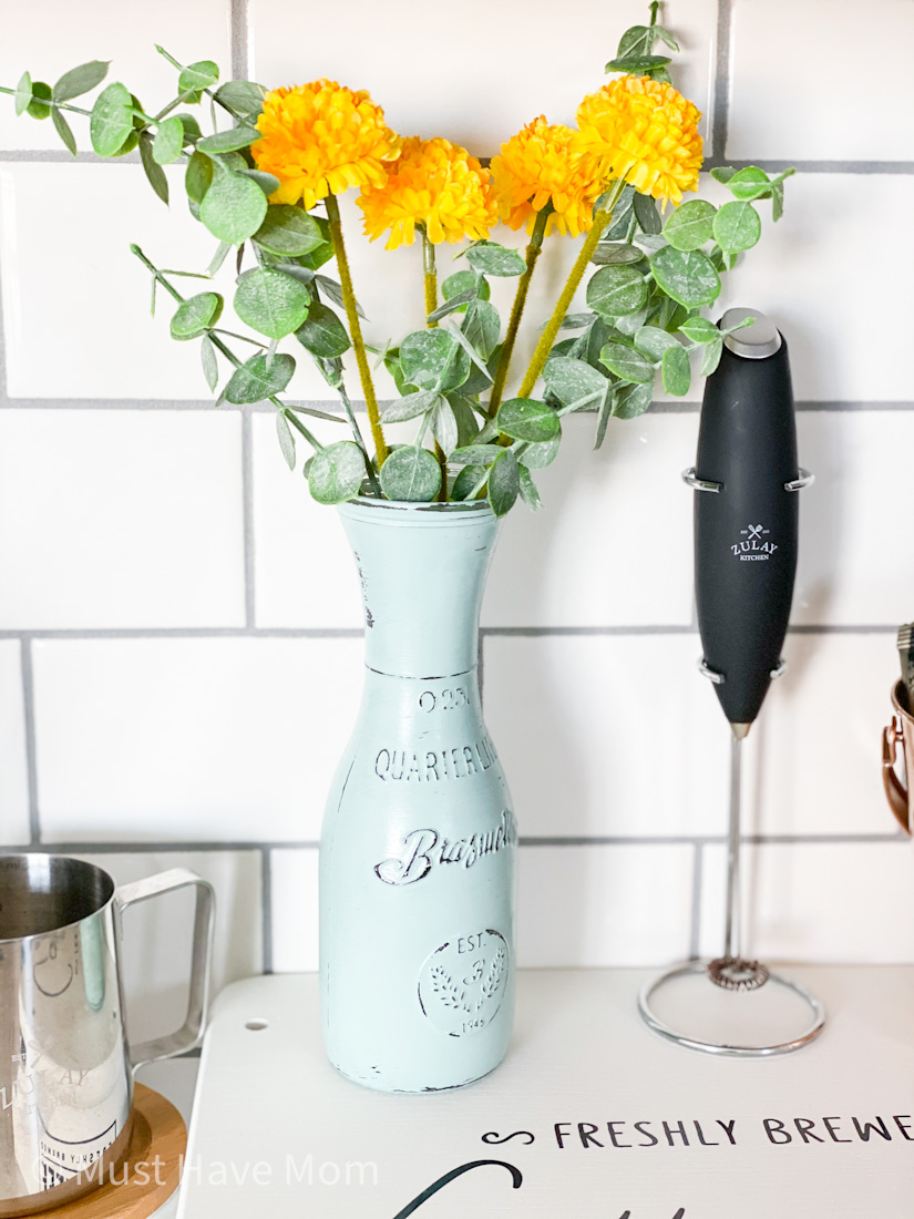 farmhouse decor chalk painted vase with fake flowers