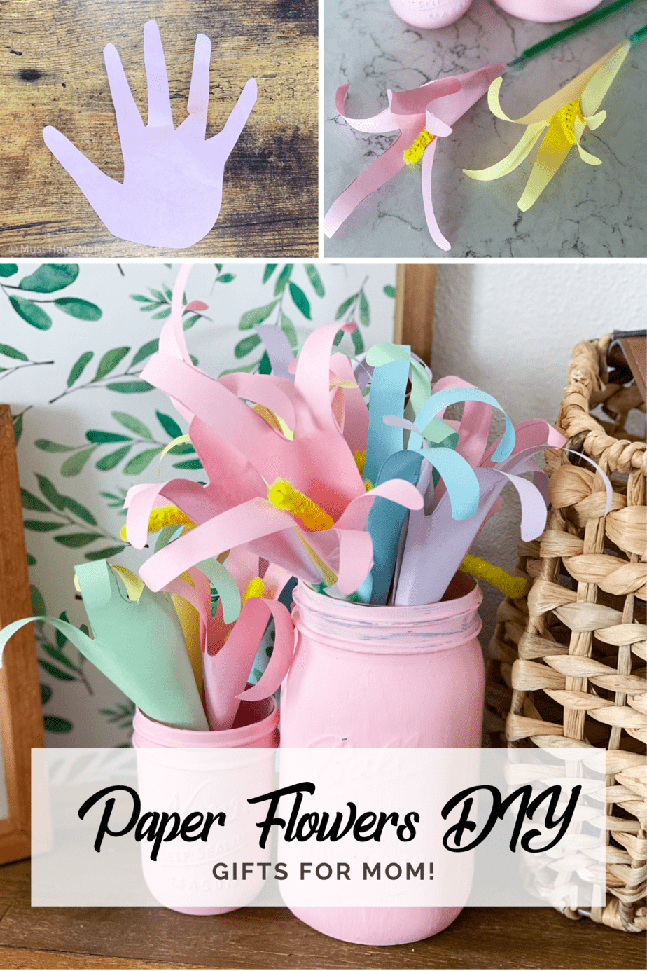 Paper Flowers DIY. This easy paper craft for kids is perfect for Mother's Day. These paper flowers DIY look adorable in a mason jar vase.