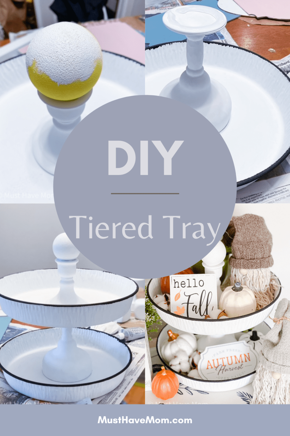 Tiered trays are all the rage in farmhouse style but they can be expensive. I'll show you have to make your own DIY Tiered Tray for cheap. #MustHaveMom #tieredtray #DIY #farmhouse