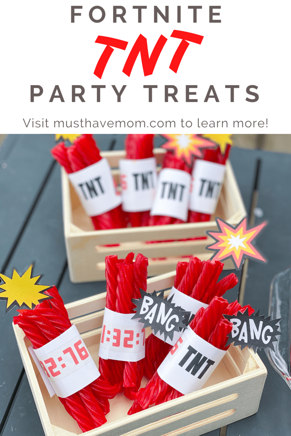 These Fortnite TNT Party Treats are the perfect snack for a Fornite party. Plus they double as great 4th of July decorations. #musthavemom #party #entertaining #birthdayparty #fortnite