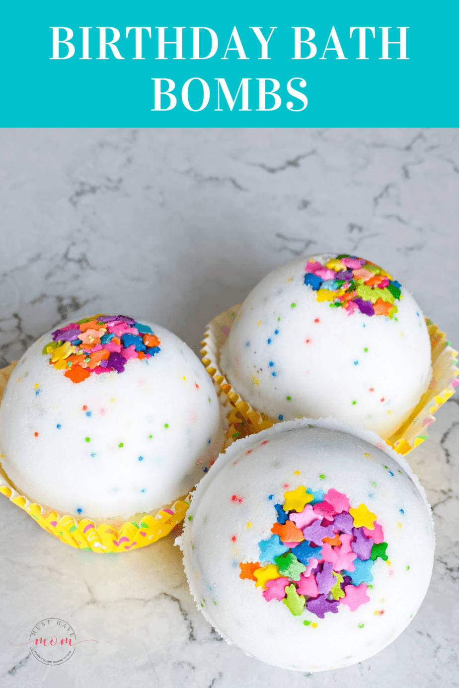 The best birthday bath bombs using all-natural ingredients! These fizz beautifully in the bathtub and make your skin feel silky soft. Plus they have sprinkles! #MustHaveMom #bathbombs #kids #crafts #birthday