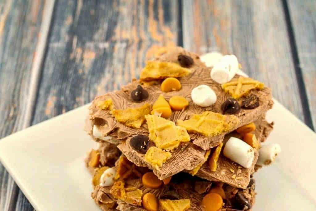 A stack of rocky road frozen yogurt bark 