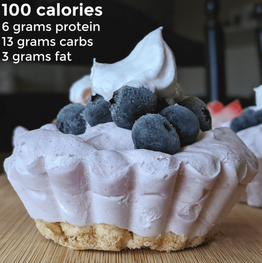 100 Calories 6 grams of protein 13 grams carbs and 3 grams of fat - mini blueberry pie. 