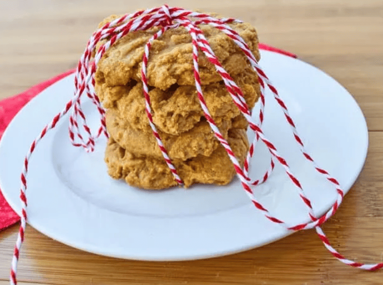A stack of peanut butter cookies tied with red and white string